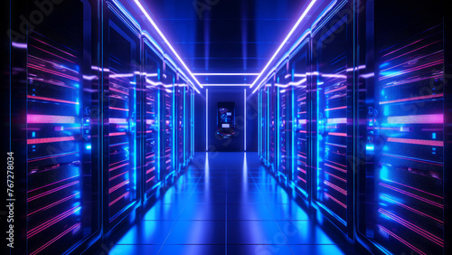 Illuminated server room of a high tech data center in vibrant blue and magenta hues. Internet and cloud services concept