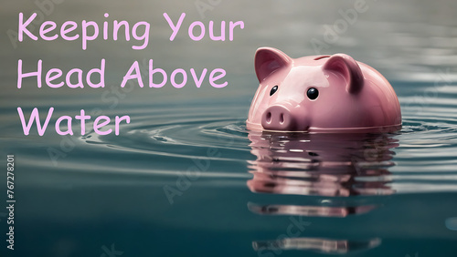 Pink piggy bank in water with phrase “Keeping Your Head Above Water” written at top, overall theme conveys financial resilience and staying afloat during tough times photo