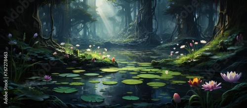 A beautiful pond surrounded by a lush forest with vibrant lily pads and colorful flowers, creating a serene natural landscape