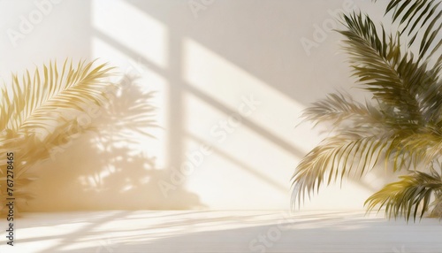 abstract white studio background for product presentation empty room with shadows of window and flowers and palm leaves 3d room with copy space summer concert blurred backdrop banner