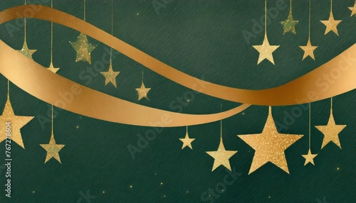 gold stars on dark green ribbon christmas holiday banner background