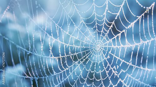 Frost clings to a spider's web, each strand sparkling against a blurred, icy blue background. The web's delicate patterns are highlighted, creating a magical winter scene