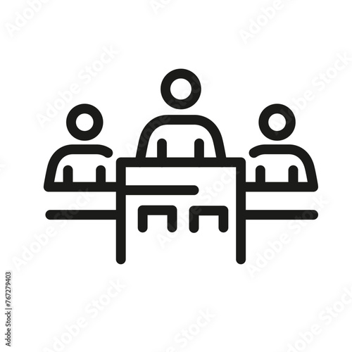 Judges icon for web, mobile, promo depicts legal professionals in court. Suitable for law, justice categories. Single outline, vector illustration.