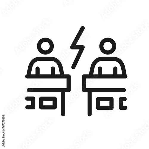 Court dispute icon for web, mobile, promo signifies conflict, case, trial. For law, justice categories. Single outline, vector illustration.