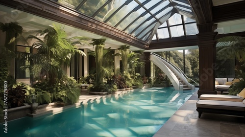 Luxurious resort-style indoor pool enclosure with glass ceilings and walls tropical plant wall and waterfall accents.