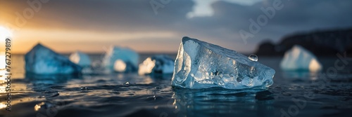 Thawing icebergs with drops of water falling into the sea photo