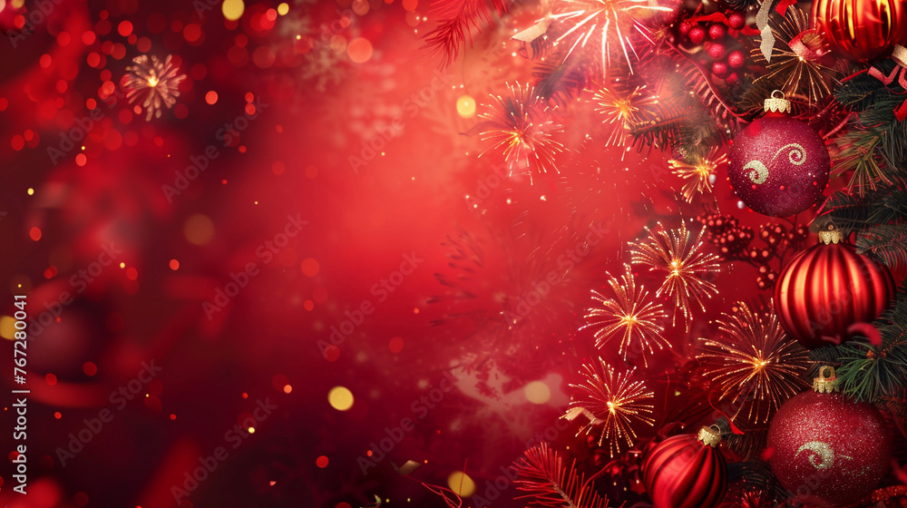 fireworks, traditional elements, red background, decorations, all elements on the right side fireworks, traditional elements, red background, decorations, all elements on the right side
