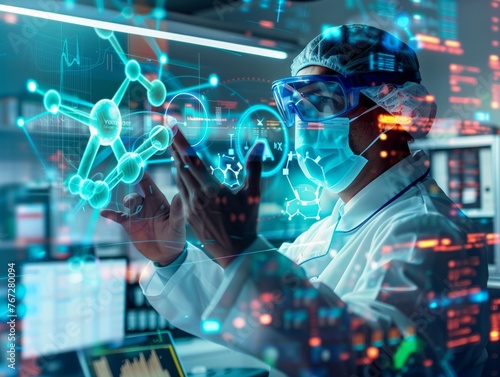 A scientist is wearing a lab coat and a mask while looking at a computer screen with a 3D image of a molecule
