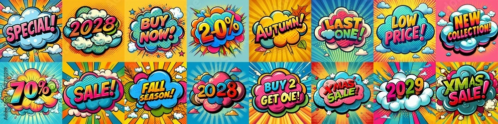 Sale stickers pop art style. AI generated illustration Sale stickers pop art style. AI generated illustration