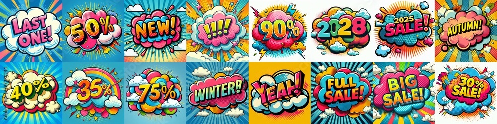 Fototapeta premium Sale stickers pop art style. AI generated illustration