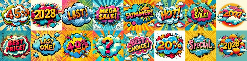 Sale stickers pop art style. AI generated illustration Sale stickers pop art style. AI generated illustration