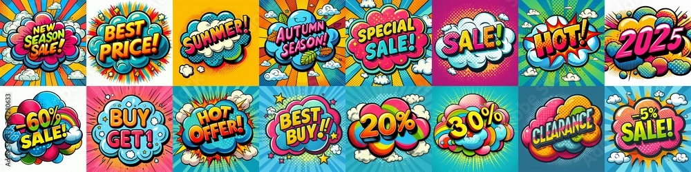 Sale stickers pop art style. AI generated illustration Sale stickers pop art style. AI generated illustration