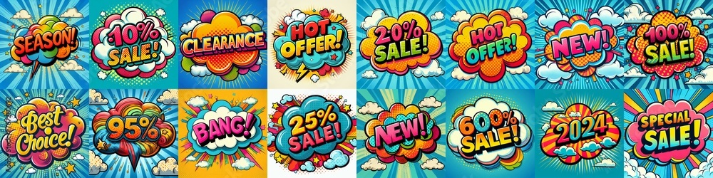 Fototapeta premium Sale stickers pop art style. AI generated illustration