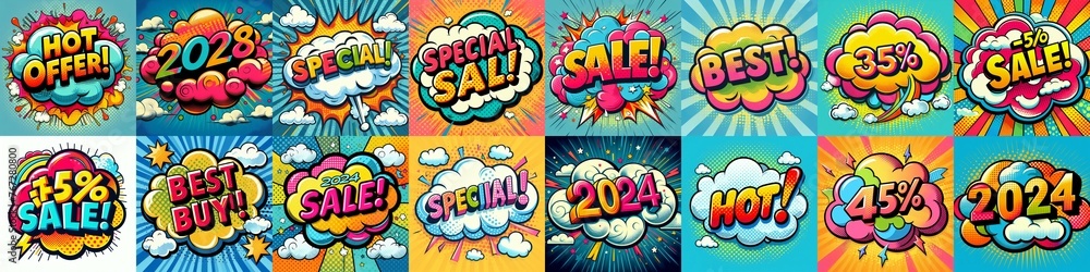 Sale stickers pop art style. AI generated illustration