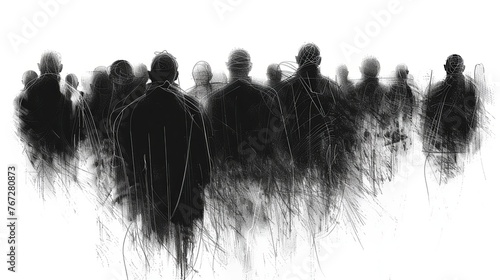 The black and white drawing shows a crowd of people and we can only see their backs. The concept of depersonalization of the masses, as all people are gray and stand densely in space. Illustration. #767280873
