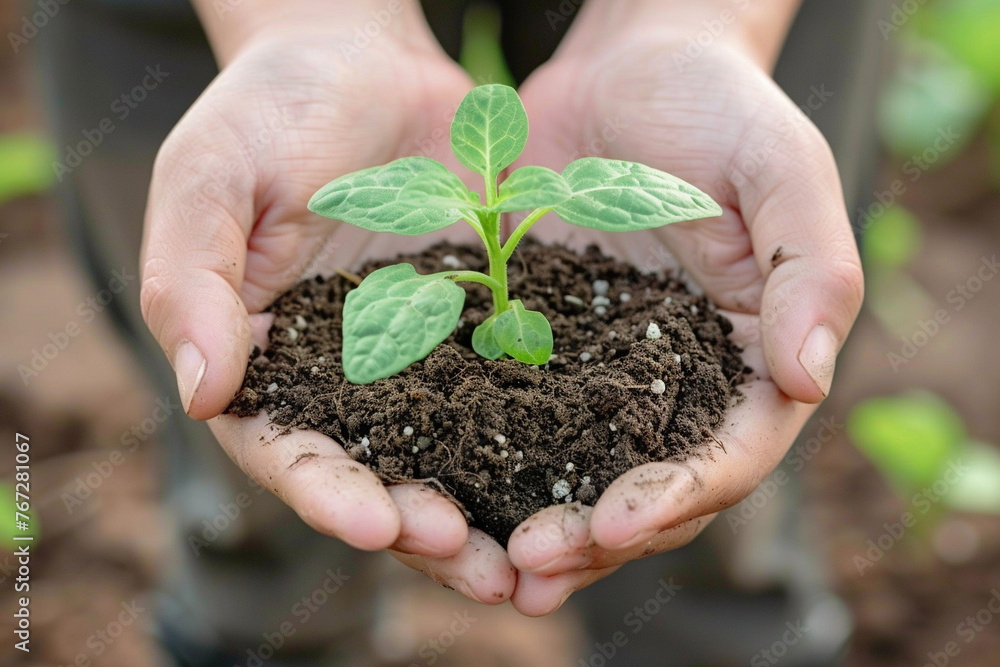 small seedling in clump of dirt being held in the palms of a person's hands, close up with blurred small seedling in clump of dirt being held in the palms of a person's hands, close up with blurred