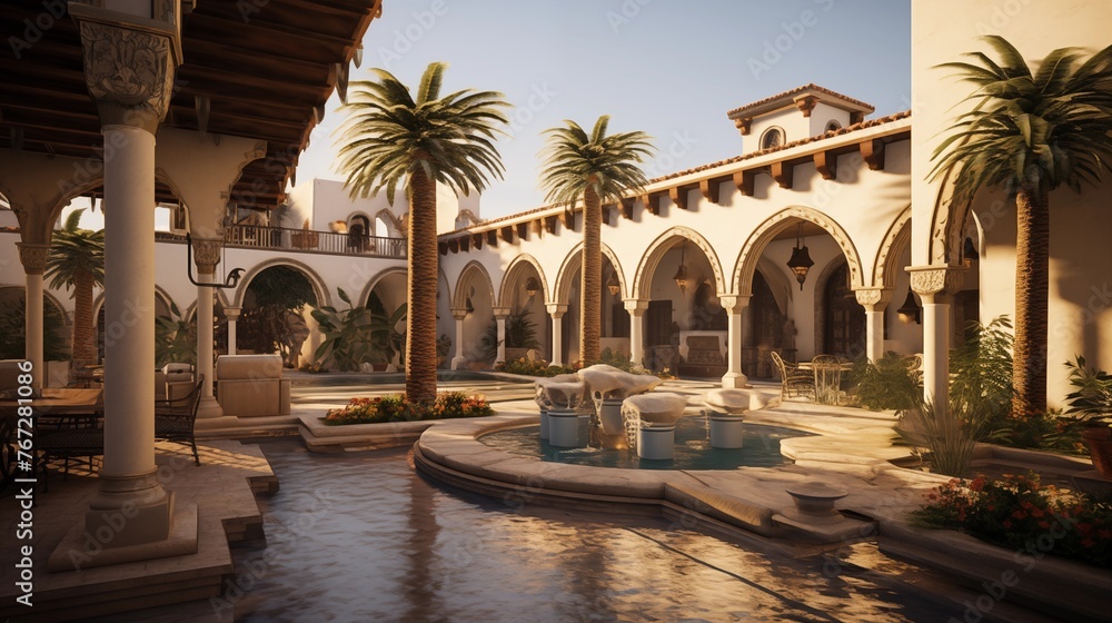 Mediterranean courtyard resort with tiered loggias and archways stucco columns intricate tilework sculpted fountains and meandering outdoor spaces.