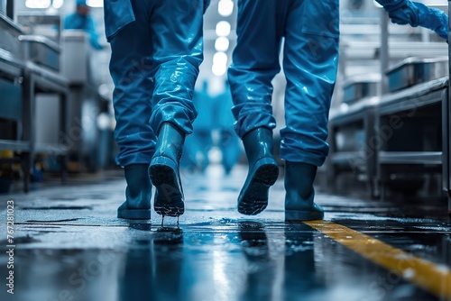 Two workers in blue uniforms walking carefully on a wet warehouse floor. photo