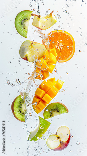 a food photo of pieces of oranges, sliced apples, half kiwi's and mango pieces flying in the air, water splashes, dynamic, white background