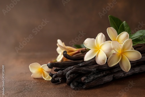 Collection of vanilla sticks topped with delicate flowers on a brown background.