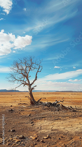 a lonely tree dry and dying in a desert field wainting to die photo