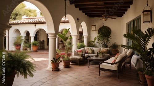 Mediterranean inspired courtyard loggia with terra cotta floors arched openings and stucco columns.