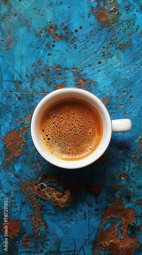 top view of a simple, minimalistic cup of Turkish coffee, on a royal blue metal surface