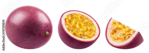 Obraz  z motywem Set of whole passion fruit, half and slice of passion fruit isolated on a transparent background.