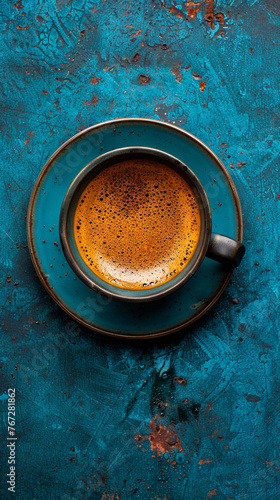 top view of a simple, minimalistic cup of Turkish coffee, on a royal blue metal surface