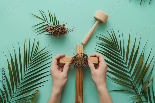 A persons hands holding a hammer above a thorns nest. photo