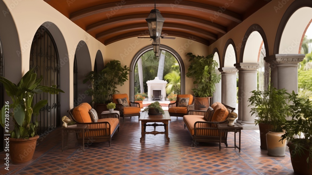 Mediterranean Revival painted barrel-vaulted ceiling loggia with antique terra cotta floors and arched openings.