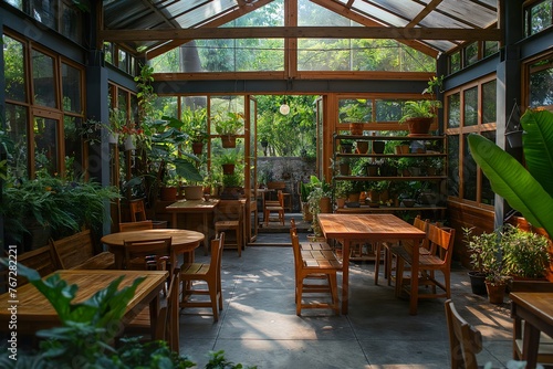 A wooden table is placed inside a greenhouse filled with numerous plants.