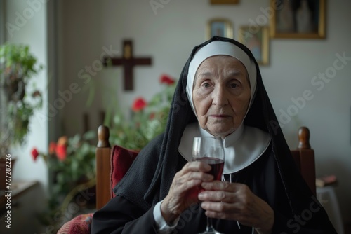 A nun holding a glass of wine with an inverted cross on the wall behind her. photo