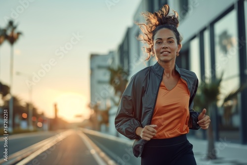 Active woman jogging on a city street at dawn with warm sunlight