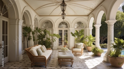 Mediterranean Revival painted barrel-vaulted ceiling loggia with antique terra cotta floors and arched openings.