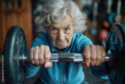 An aged, slender grandmother wearing sports clothing lifting a barbell in a gym.