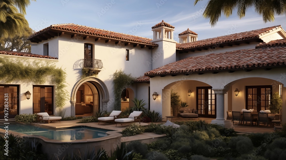 Mediterranean style estate with terracotta roof tiles stucco walls courtyard and arched accents.