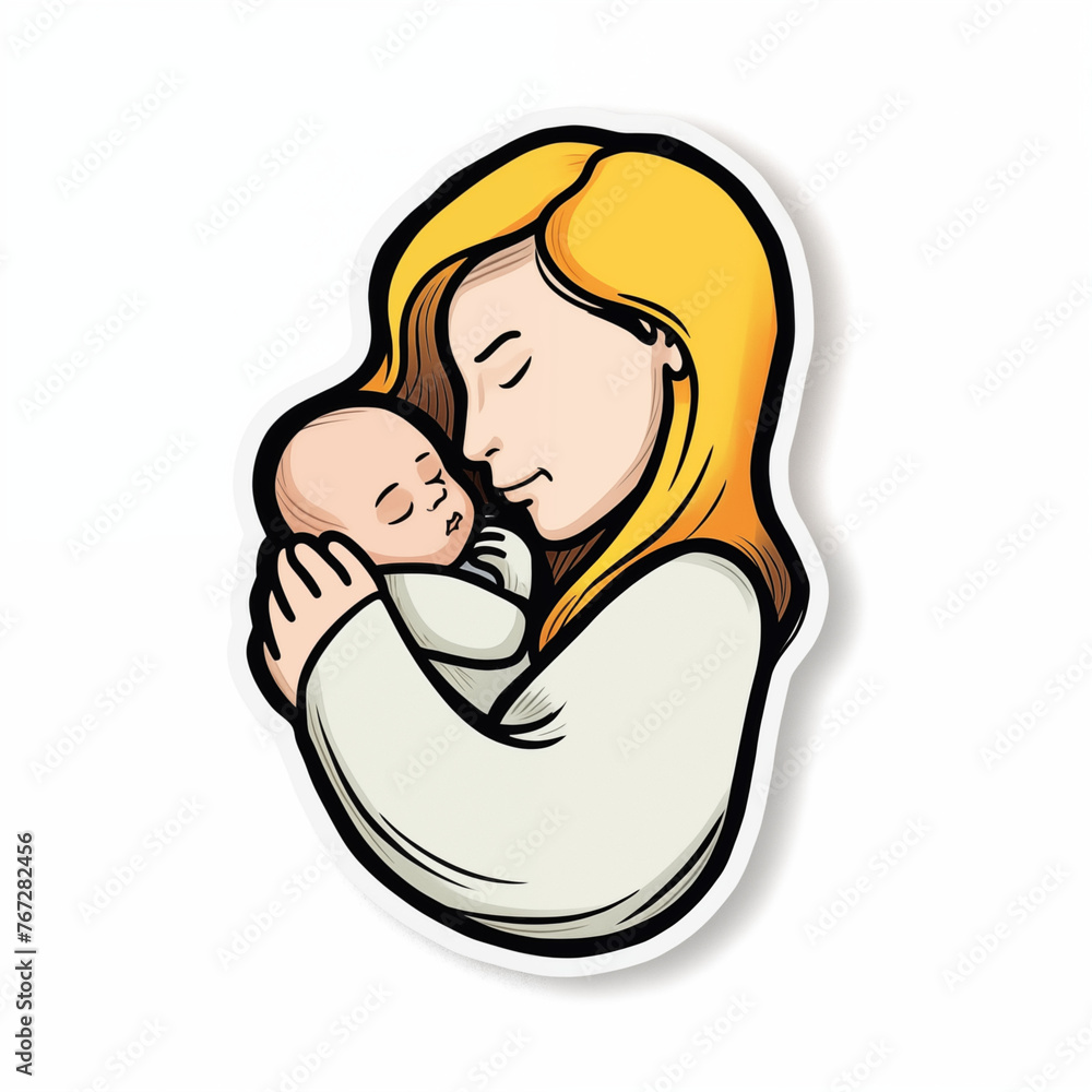 woman with newborn baby, sticker on white background woman with newborn baby, sticker on white background