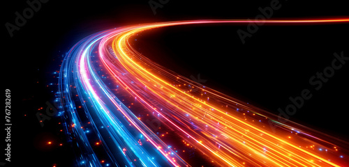 Light trails speed motion effect background with neon light glow lines. Dynamic light trails with glowing sparks and neon sparkling flares