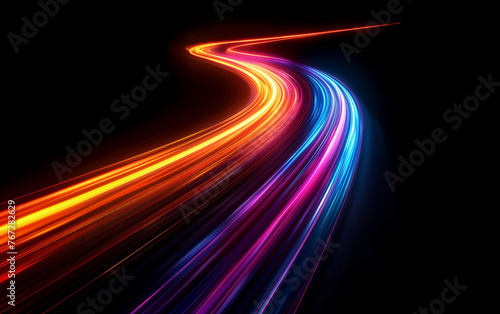 Light trails of neon light speed motion with glow effect on black background. Dynamic light trails with glowing sparks and neon sparkling flares © Avector