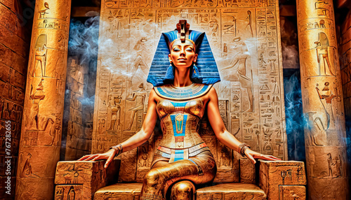 The beautiful Egyptian goddess-pharaoh Hatshepsut sits on a golden throne in the Dendera temple