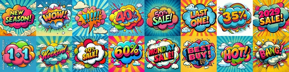 Sale stickers pop art style. AI generated illustration Sale stickers pop art style. AI generated illustration