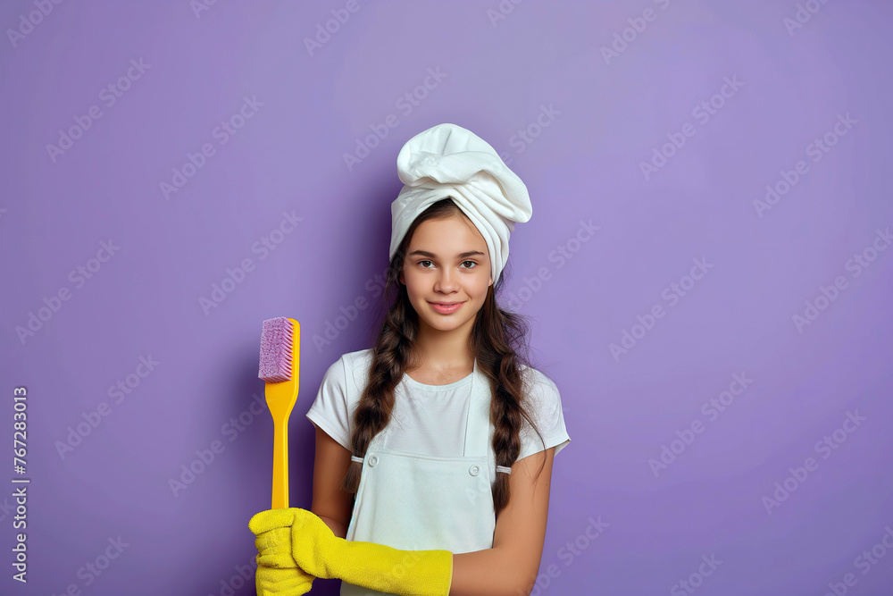 Young chambermaid wearing a turban holding a yellow brush on a lilac background Young chambermaid wearing a turban holding a yellow brush on a lilac background