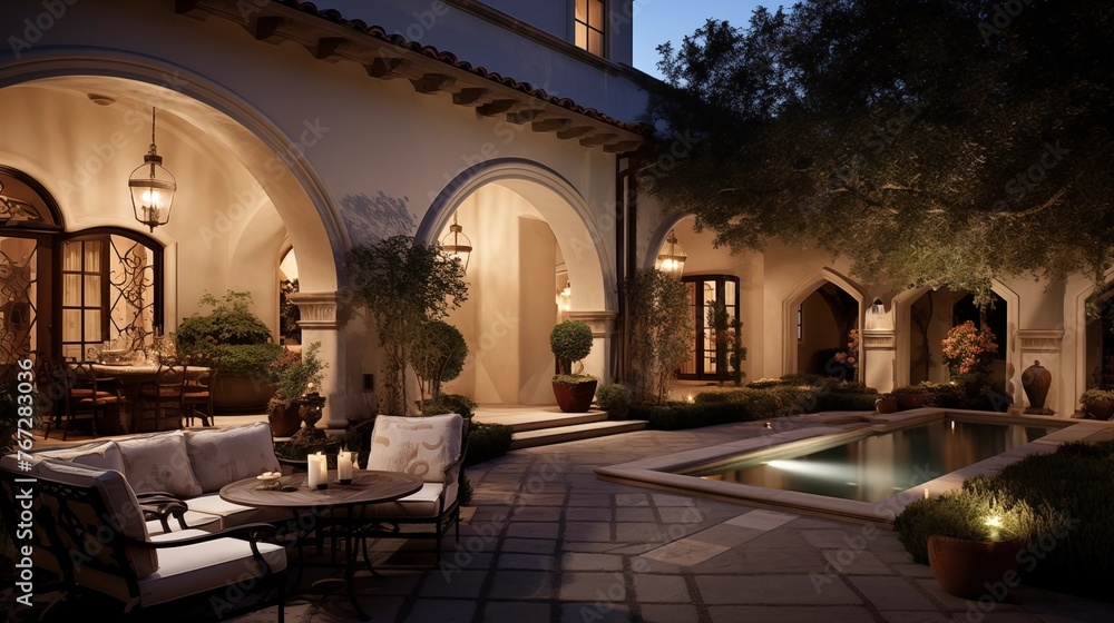 Mediterranean villa courtyard retreat with domed stucco ceilings stone arches outdoor kitchen and bubbling tile fountain.