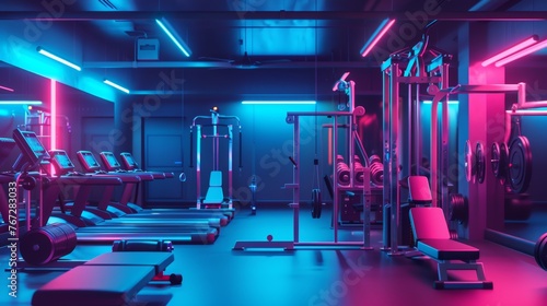 Futuristic gym with neon lights  advanced fitness equipment.
