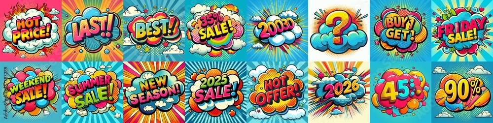 Obraz premium Sale stickers pop art style. AI generated illustration