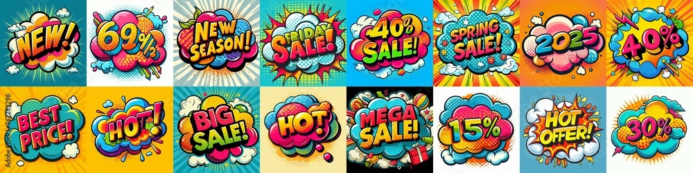 Obraz premium Sale stickers pop art style. AI generated illustration
