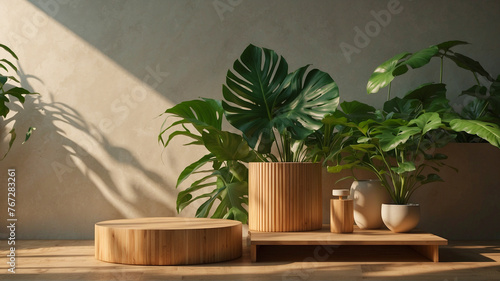 Aesthetic product podium with sunlight shadows and tropical plants. Trendy wooden cylinders with monstera leaves for beauty products and cosmetics scene. AI Generated © 9m124f0