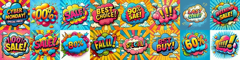 Sale stickers pop art style. AI generated illustration Sale stickers pop art style. AI generated illustration