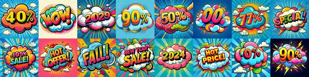 Sale stickers pop art style. AI generated illustration